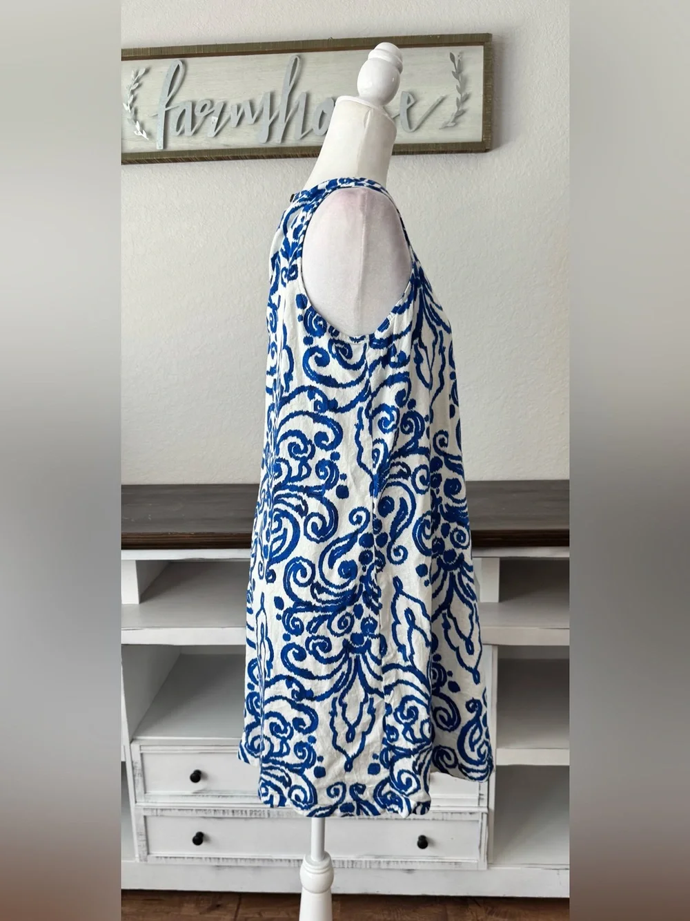 Tommy‎ Hilfiger Blue White Sleeveless Linen Viscose Dress Geometric Size 12 5
